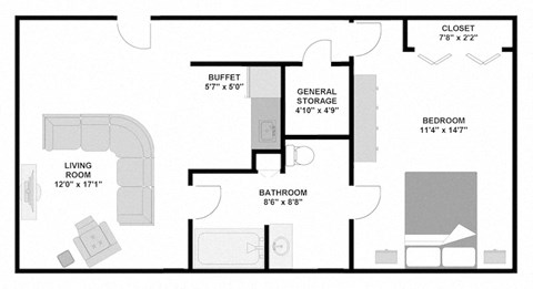Floor plan for 1 bed, 1 bath, 572 sqft